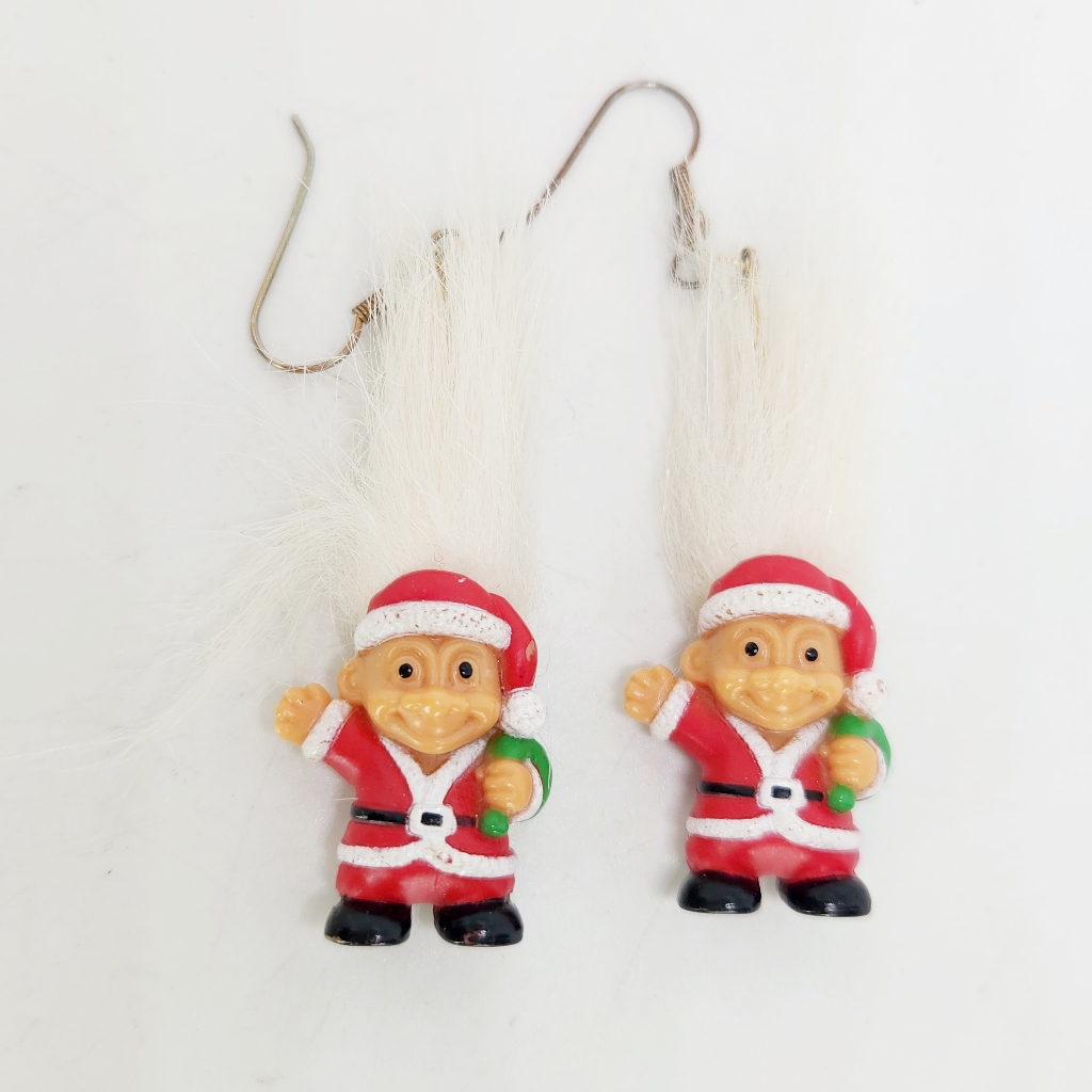 Vintage Russ Merry Little Trolls Santa Pair Of Dangle Christmas Doll Earrings